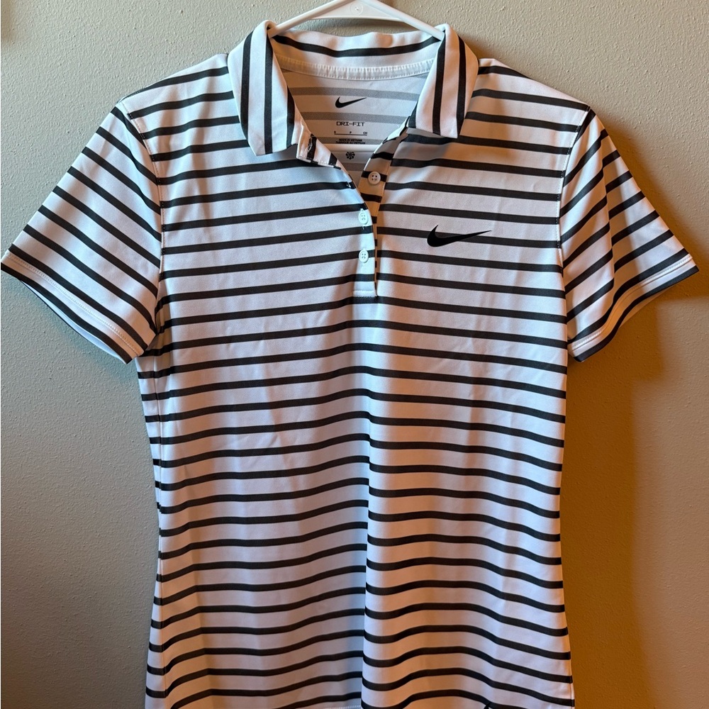 Nike Black and White Striped Dri-FIT Polo